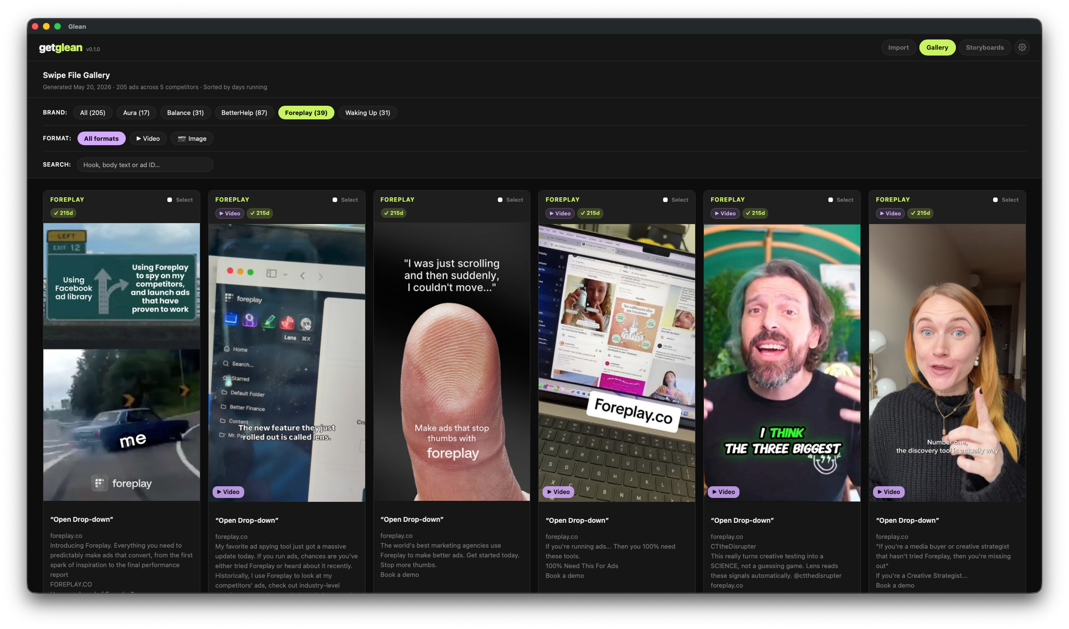 Example Glean gallery — searchable local swipe file of competitor ads